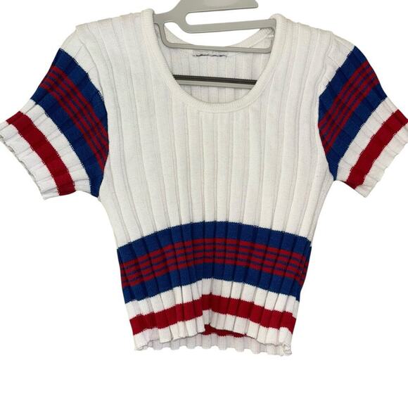 Red White Blue Preppy Americana Short Sleeve Sweater Crop Top Women’s XS/S USA - Picture 2 of 10